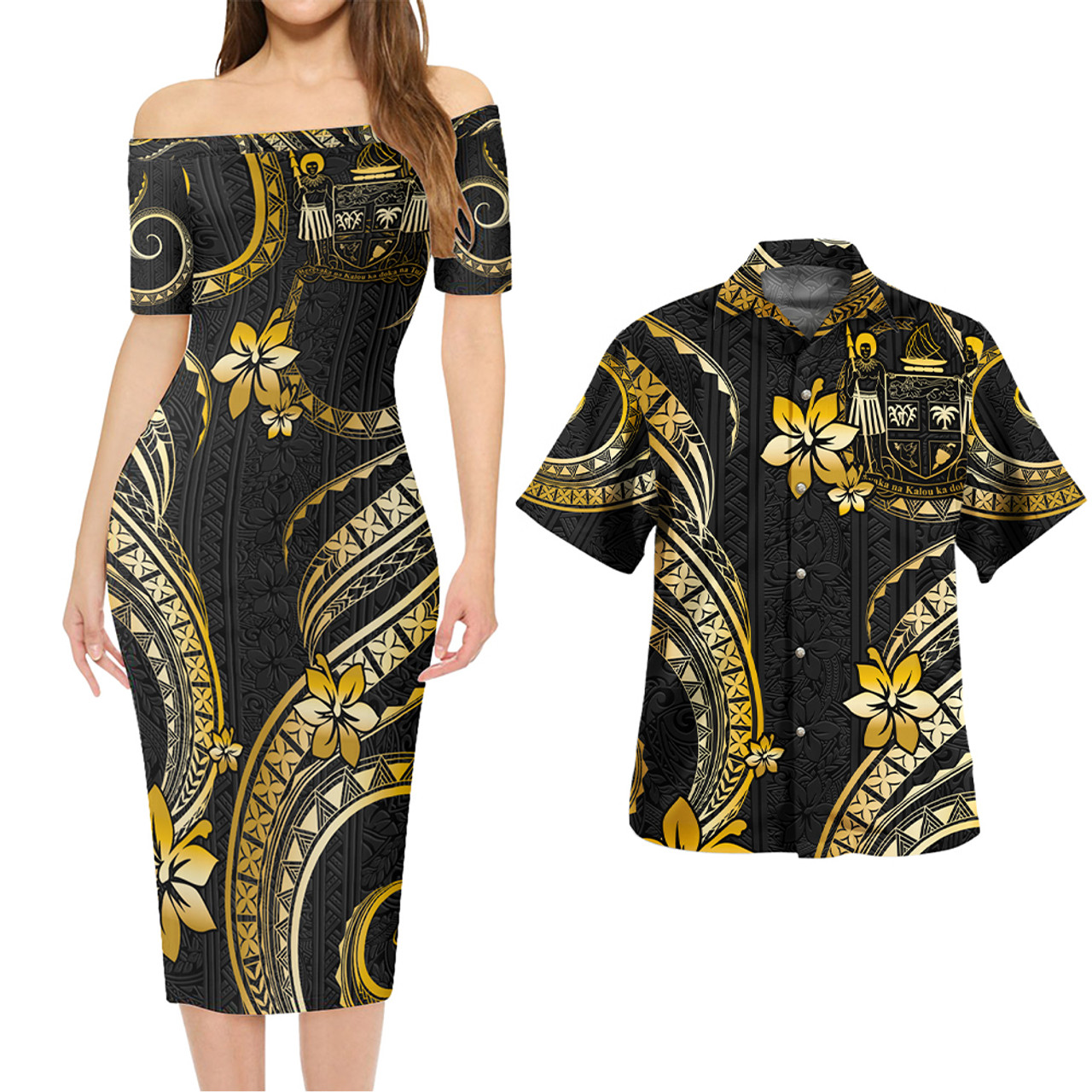 Fiji Combo Short Sleeve Dress And Shirt Golden Polynesian Pattern