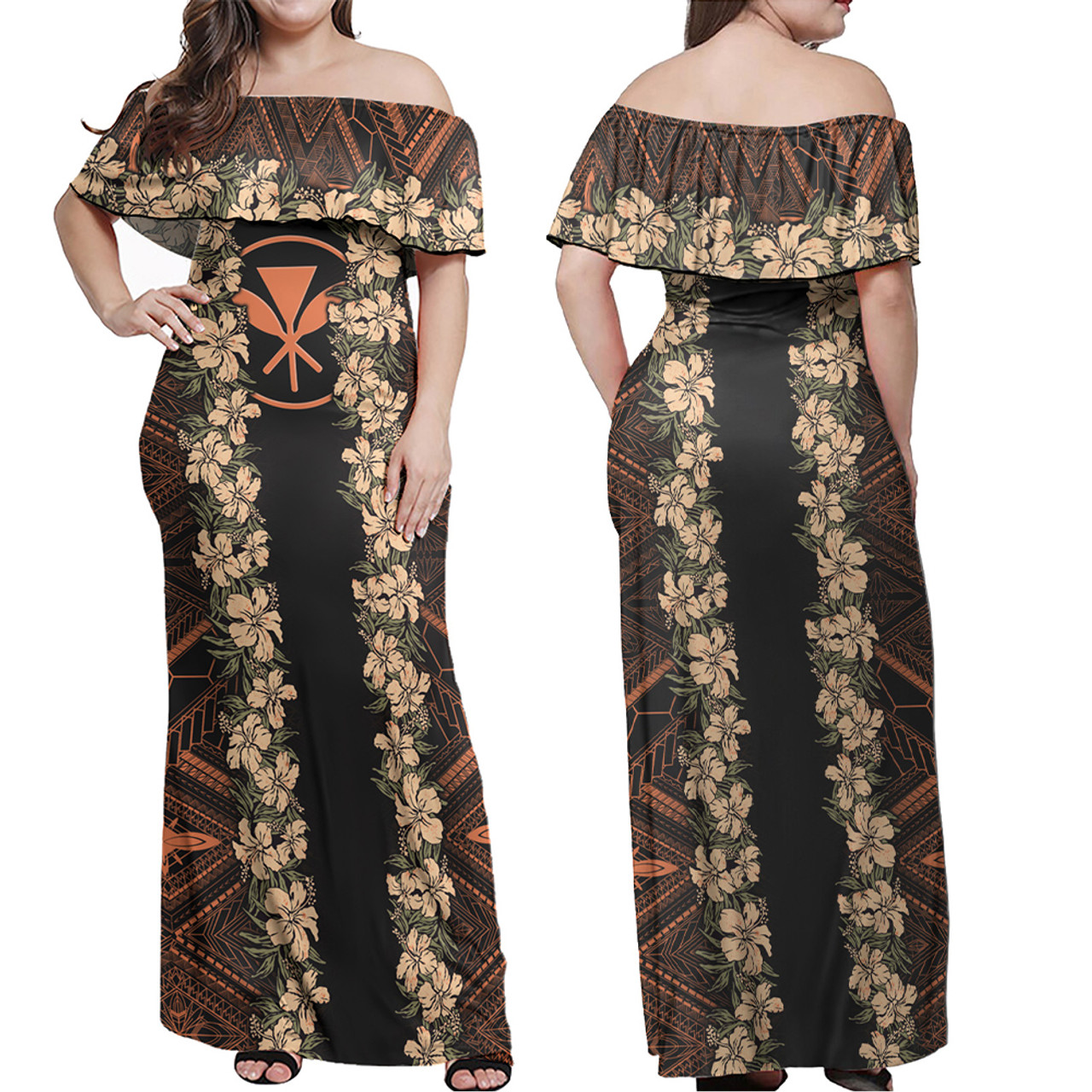 Hawaii Combo Off Shoulder Long Dress And Shirt Kanaka Maoli Orange Polynesian Pattern With Hibiscus