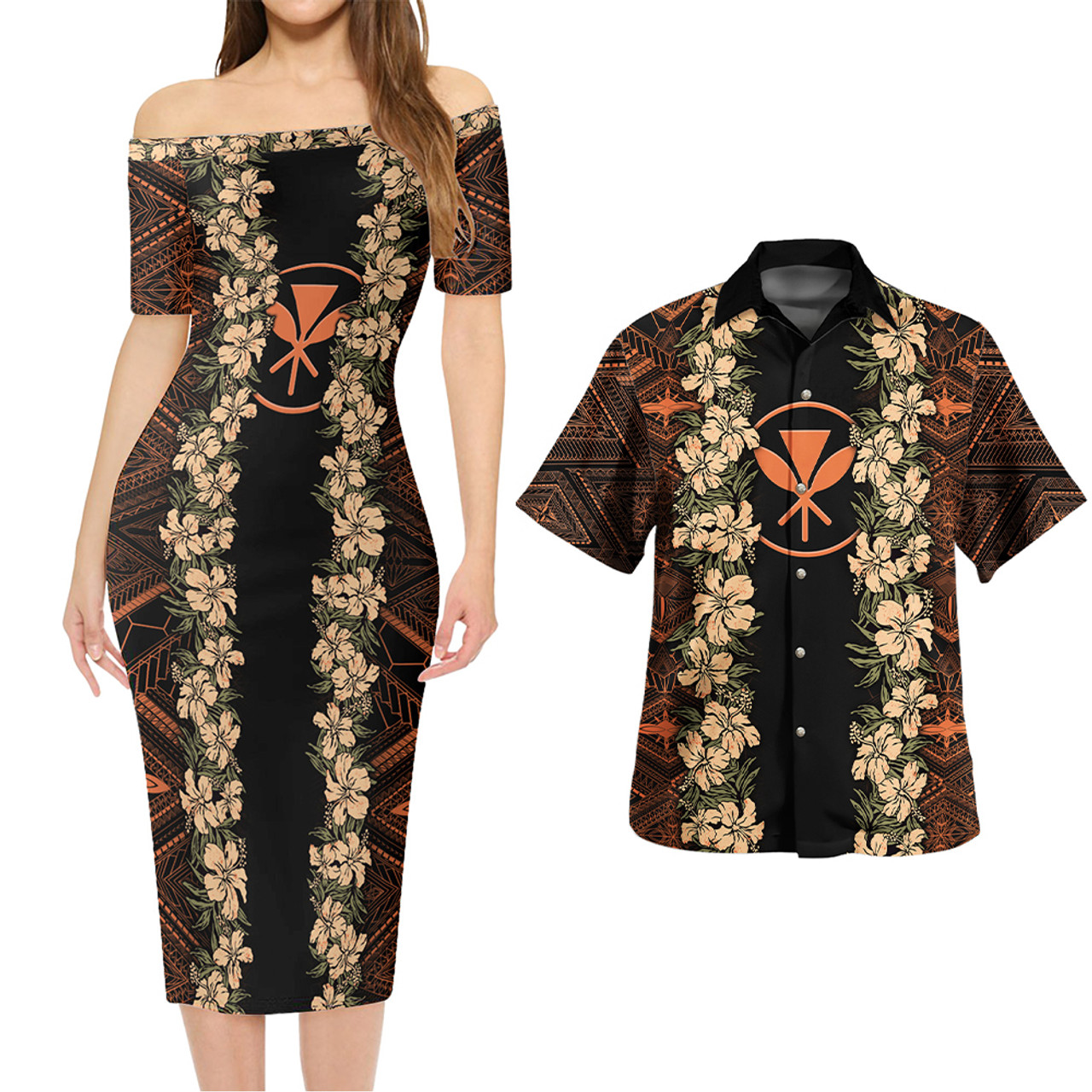 Hawaii Combo Short Sleeve Dress And Shirt Kanaka Maoli Orange Polynesian Pattern With Hibiscus