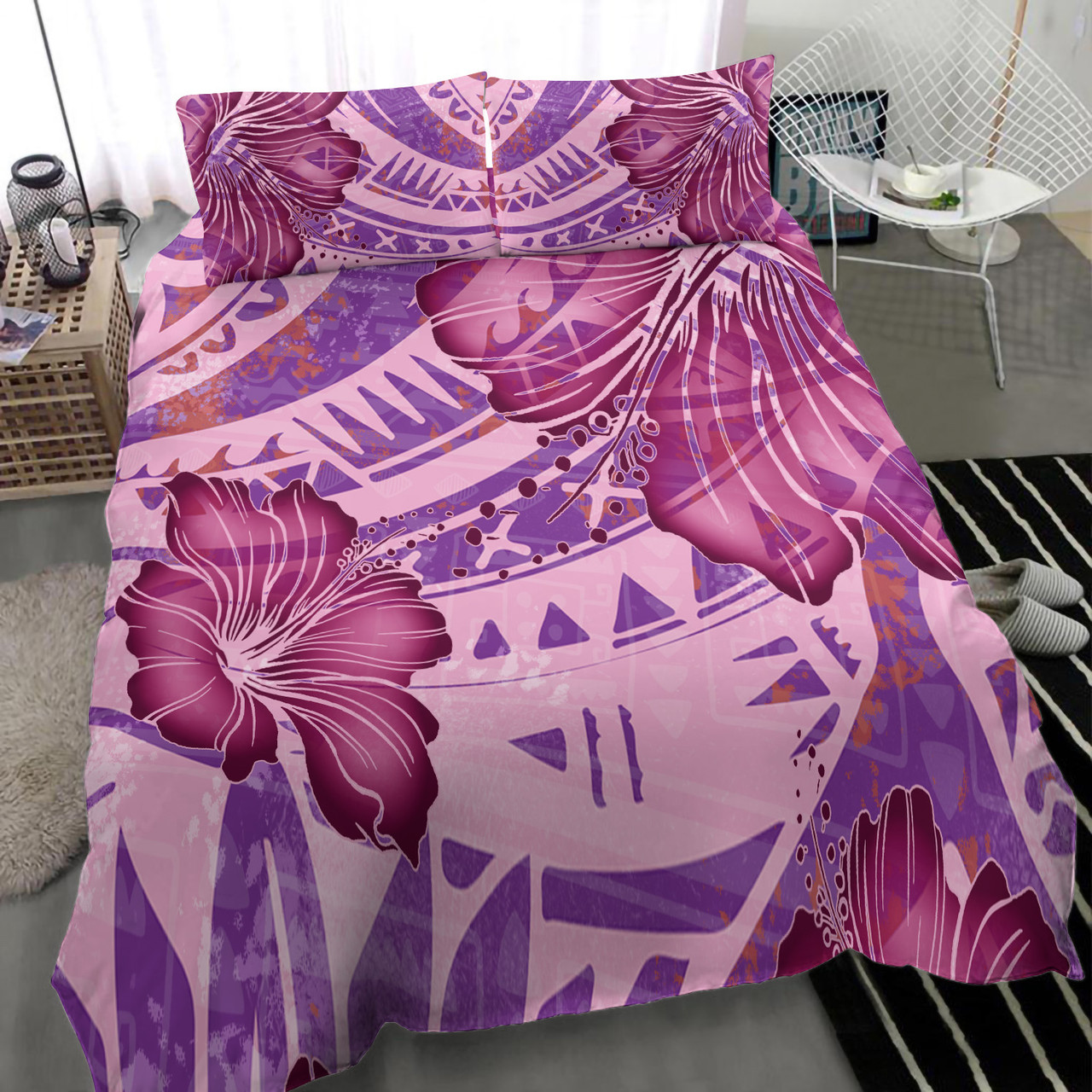 Hawaii Bedding Set Polynesian Motif Purple Hibiscus