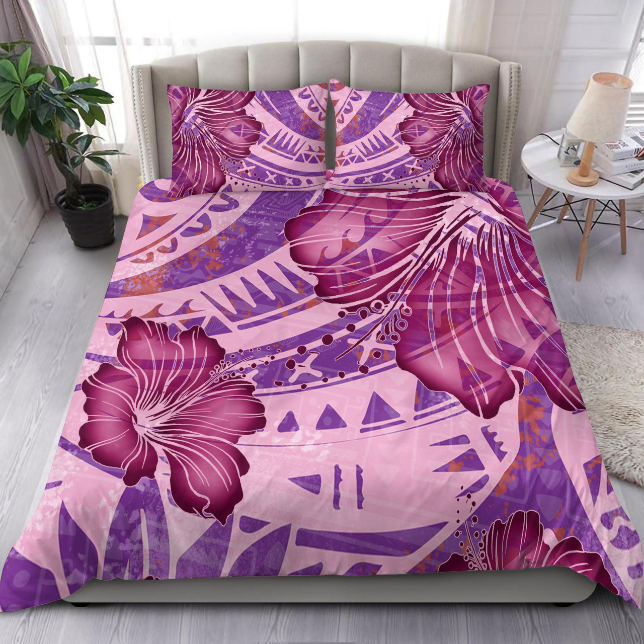 Hawaii Bedding Set Polynesian Motif Purple Hibiscus