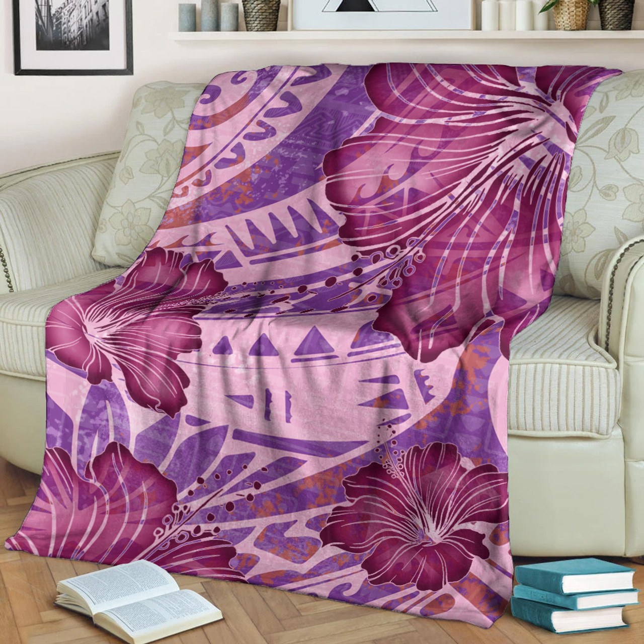 Hawaii Premium Blanket Polynesian Motif Purple Hibiscus