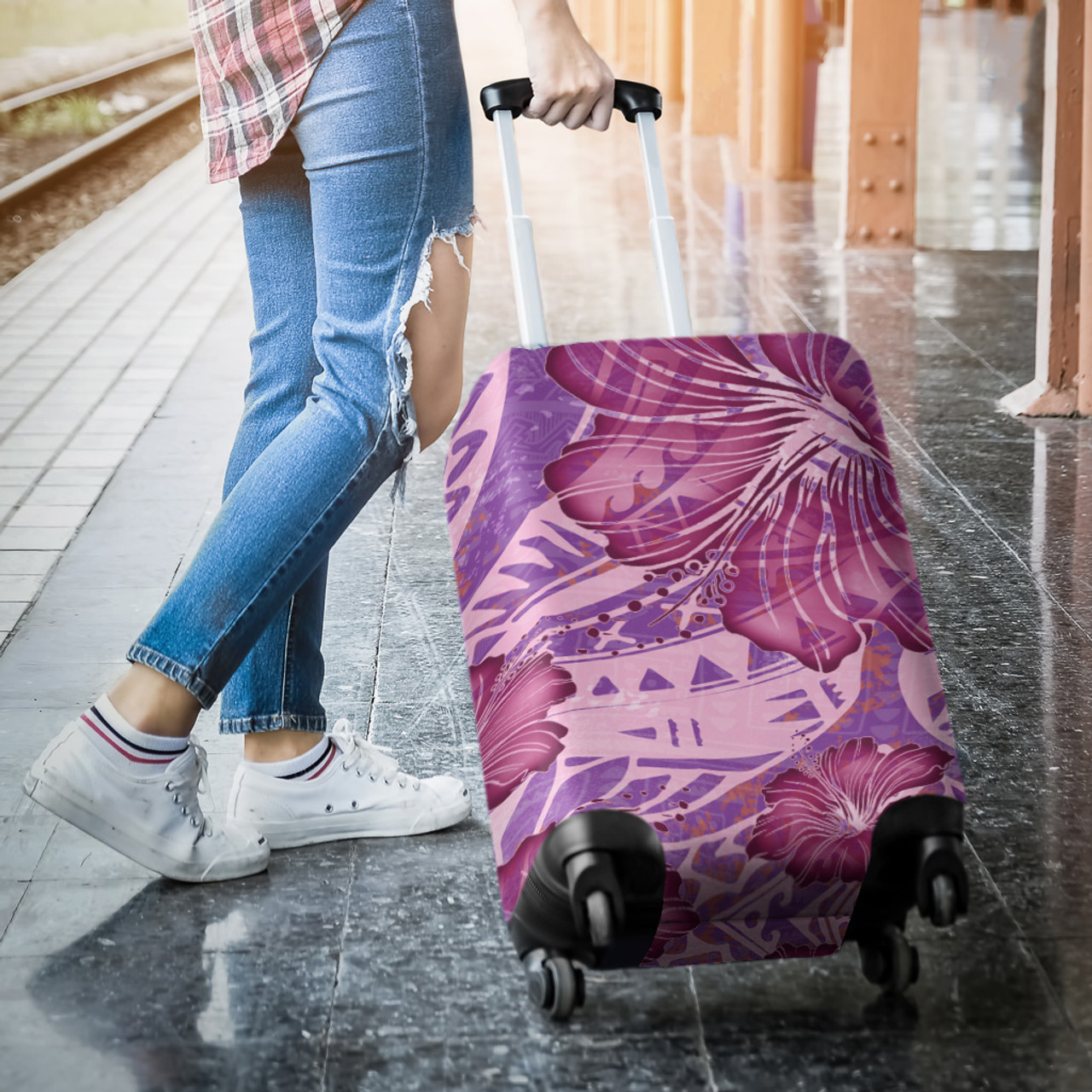 Hawaii Luggage Cover Polynesian Motif Purple Hibiscus