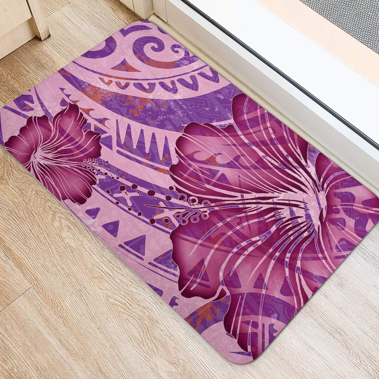 Hawaii Door Mat Polynesian Motif Purple Hibiscus