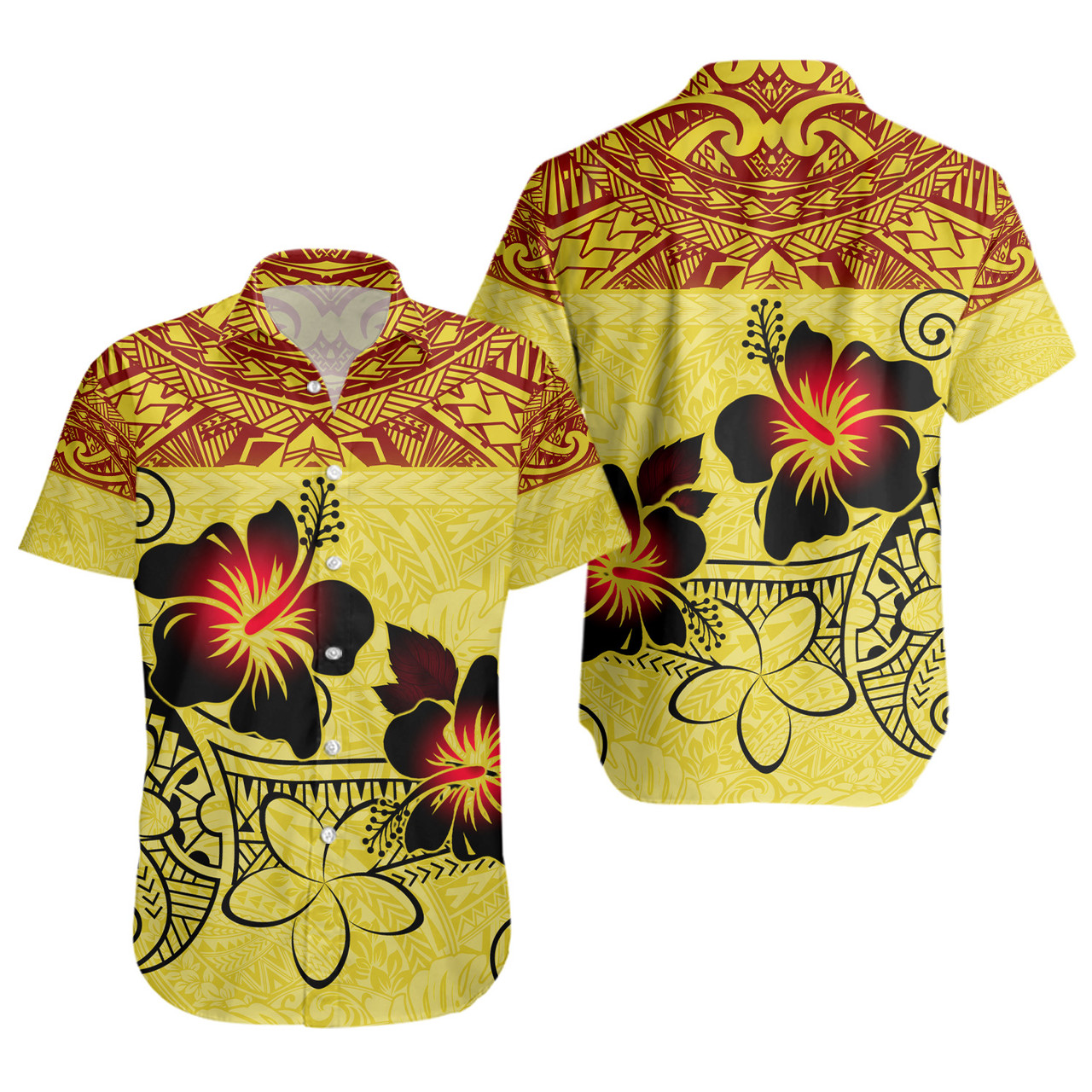 Hawaii Short Sleeve Shirt Polynesian Tribal Patterns Hibiscus Flowers Yellow Color