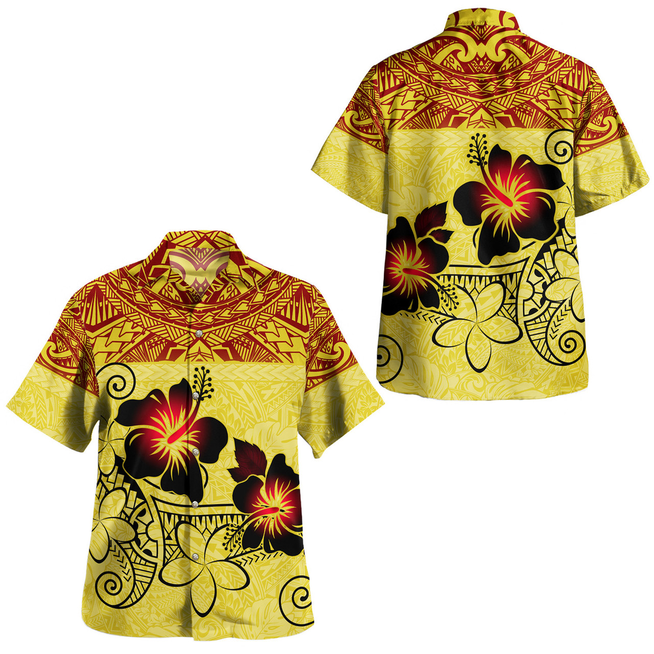 Hawaii Combo Short Sleeve Dress And Shirt Polynesian Tribal Patterns Hibiscus Flowers Yellow Color