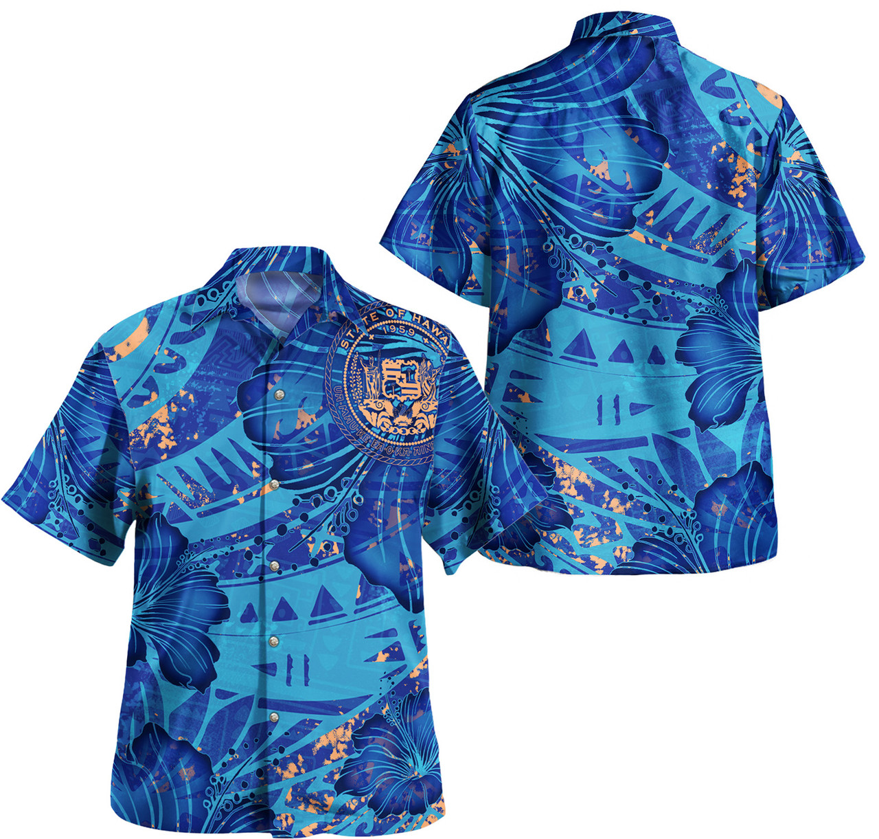 Hawaii Combo Off Shoulder Long Dress And Shirt Hibiscus With Polynesian Pattern Blue Version