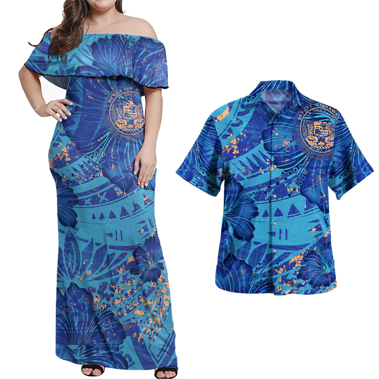 Hawaii Combo Off Shoulder Long Dress And Shirt Hibiscus With Polynesian Pattern Blue Version