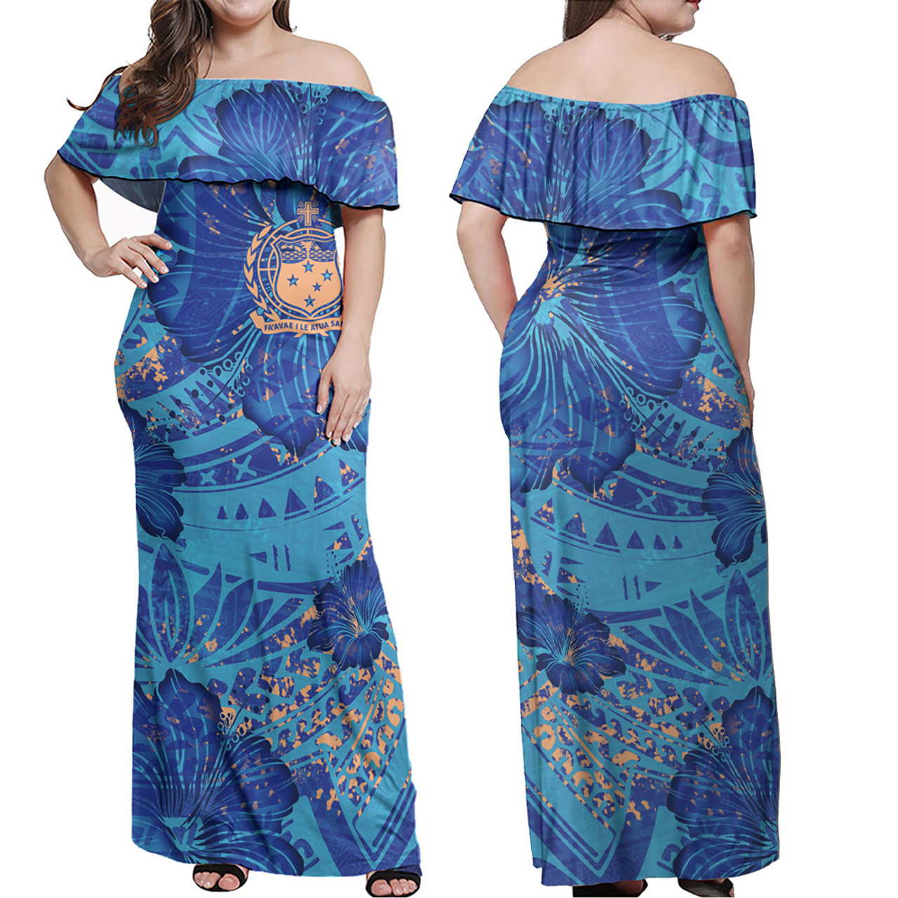 Samoa Combo Off Shoulder Long Dress And Shirt Hibiscus With Polynesian Pattern Blue Version