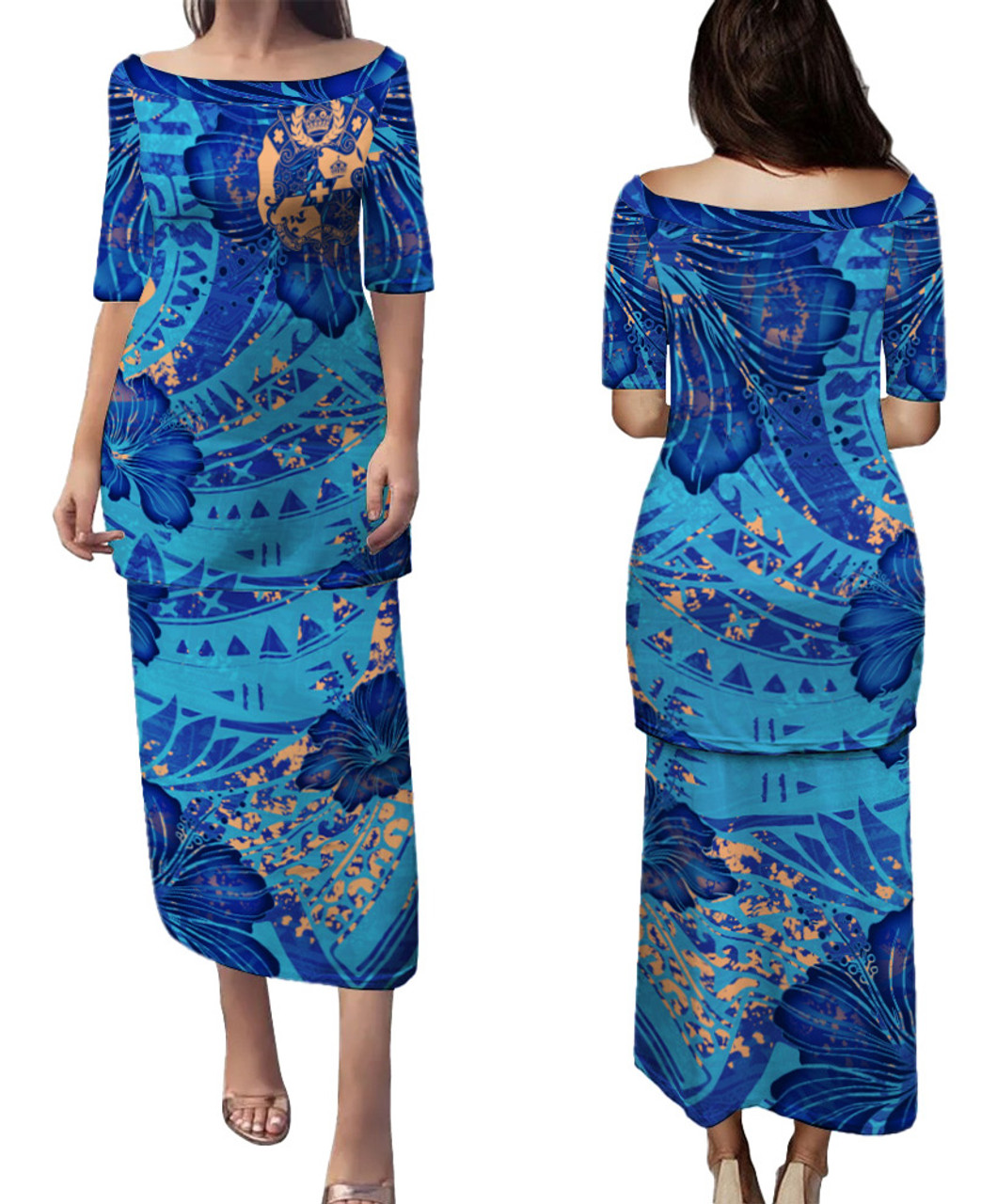 Tonga Combo Puletasi And Shirt Hibiscus With Polynesian Pattern Blue Version