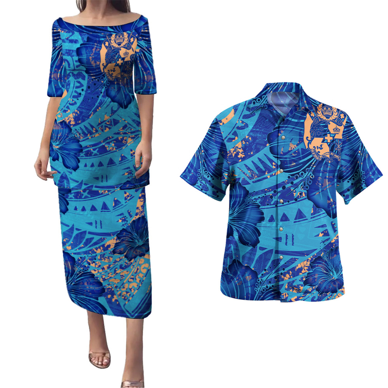 Tonga Combo Puletasi And Shirt Hibiscus With Polynesian Pattern Blue Version
