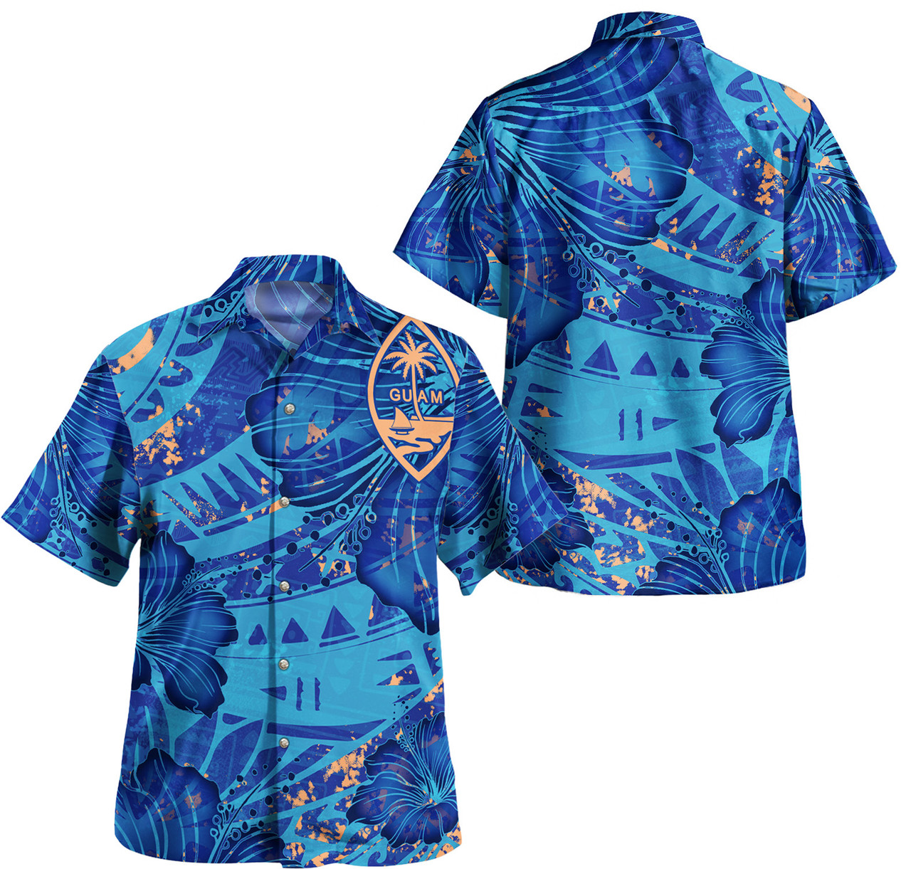 Guam Combo Puletasi And Shirt Hibiscus With Polynesian Pattern Blue Version
