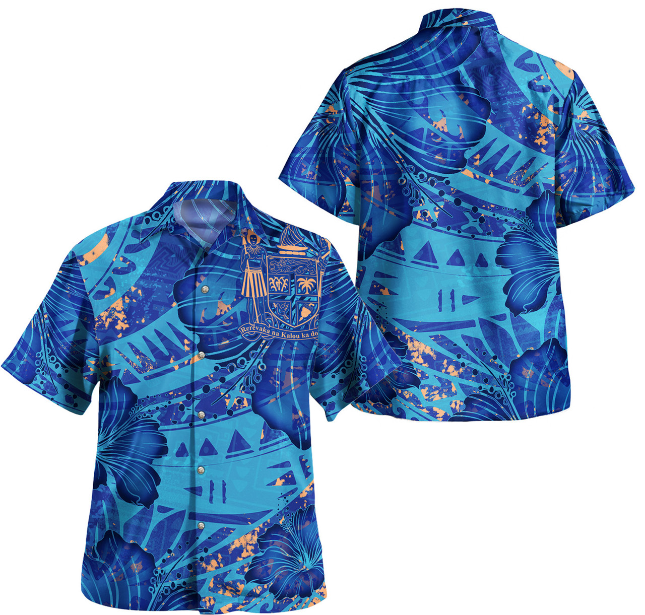 Fiji Combo Puletasi And Shirt Hibiscus With Polynesian Pattern Blue Version