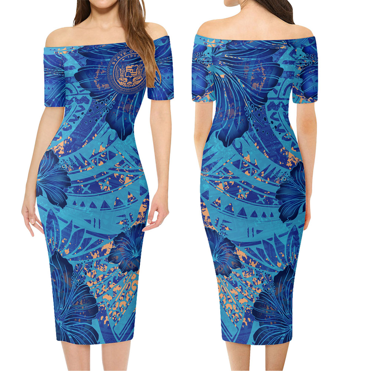 Hawaii Combo Short Sleeve Dress And Shirt Hibiscus With Polynesian Pattern Blue Version