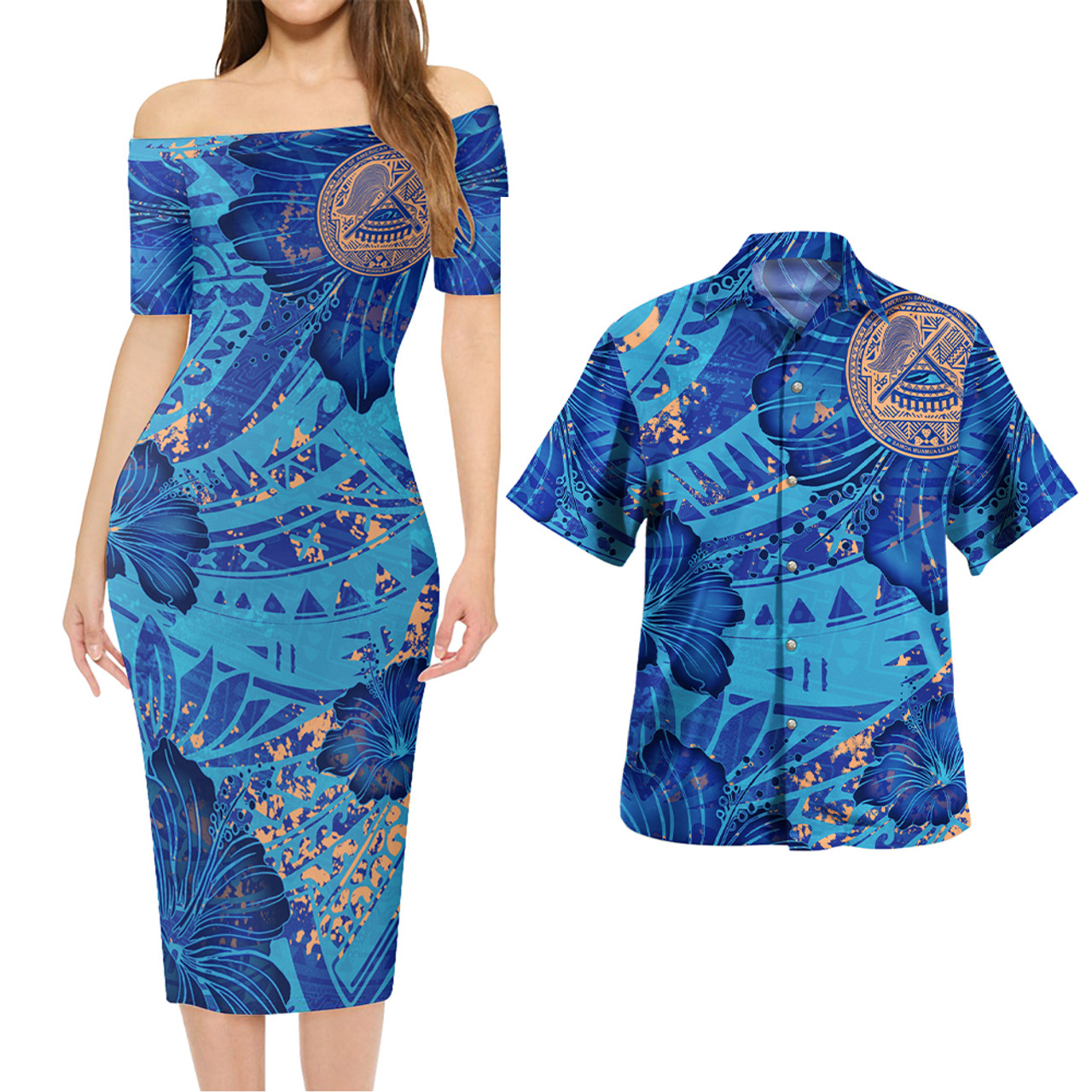 American Samoa Combo Short Sleeve Dress And Shirt Hibiscus With Polynesian Pattern Blue Version