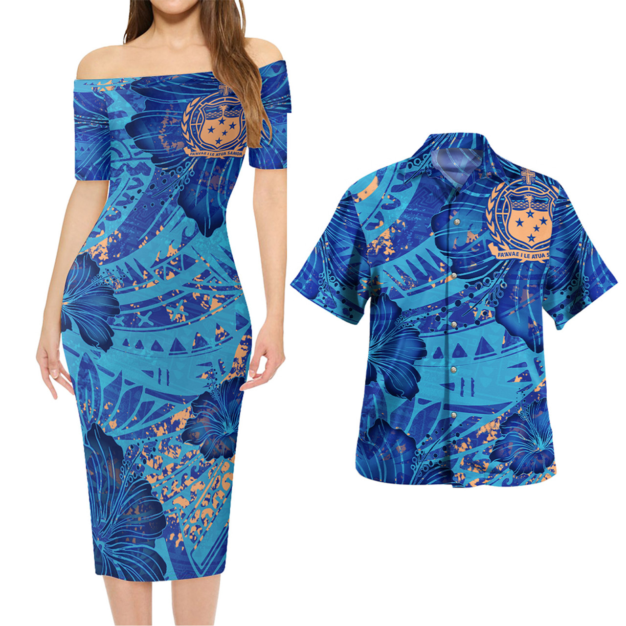 Samoa Combo Short Sleeve Dress And Shirt Hibiscus With Polynesian Pattern Blue Version