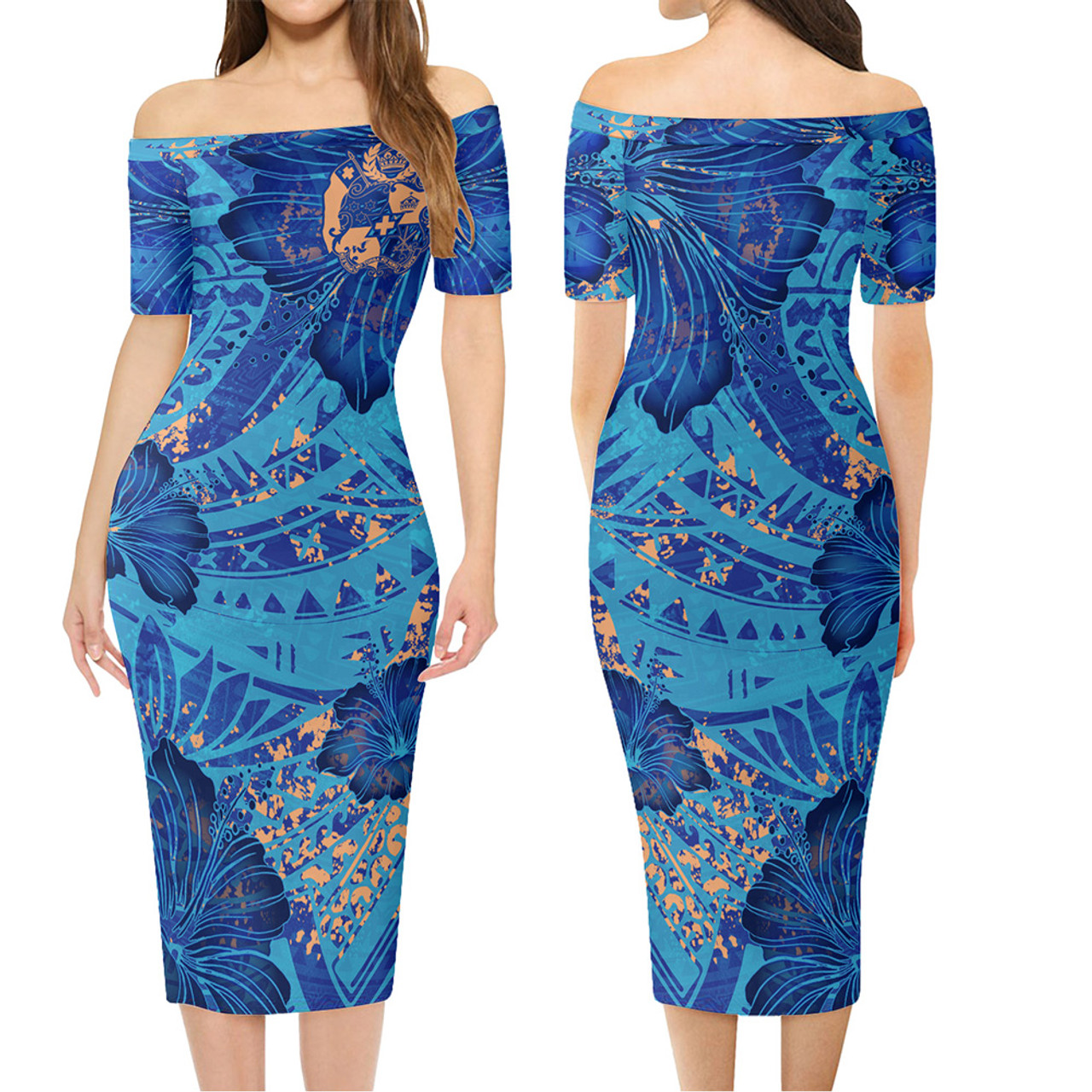 Tonga Combo Short Sleeve Dress And Shirt Hibiscus With Polynesian Pattern Blue Version