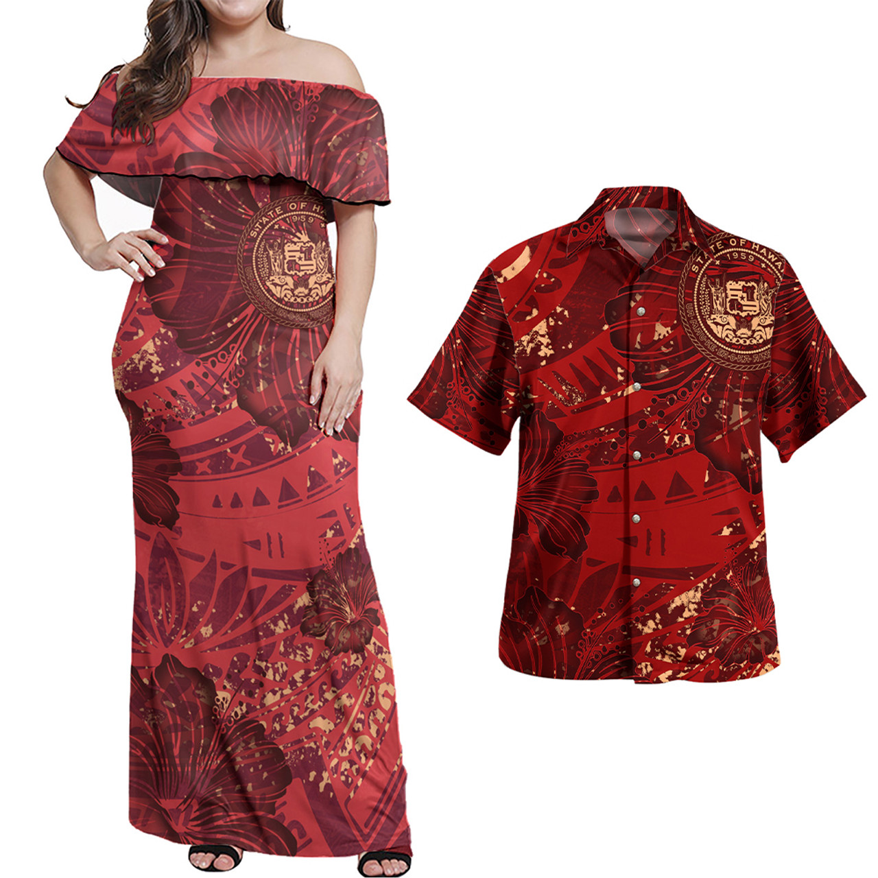 Hawaii Combo Off Shoulder Long Dress And Shirt Hibiscus With Polynesian Pattern Red Version