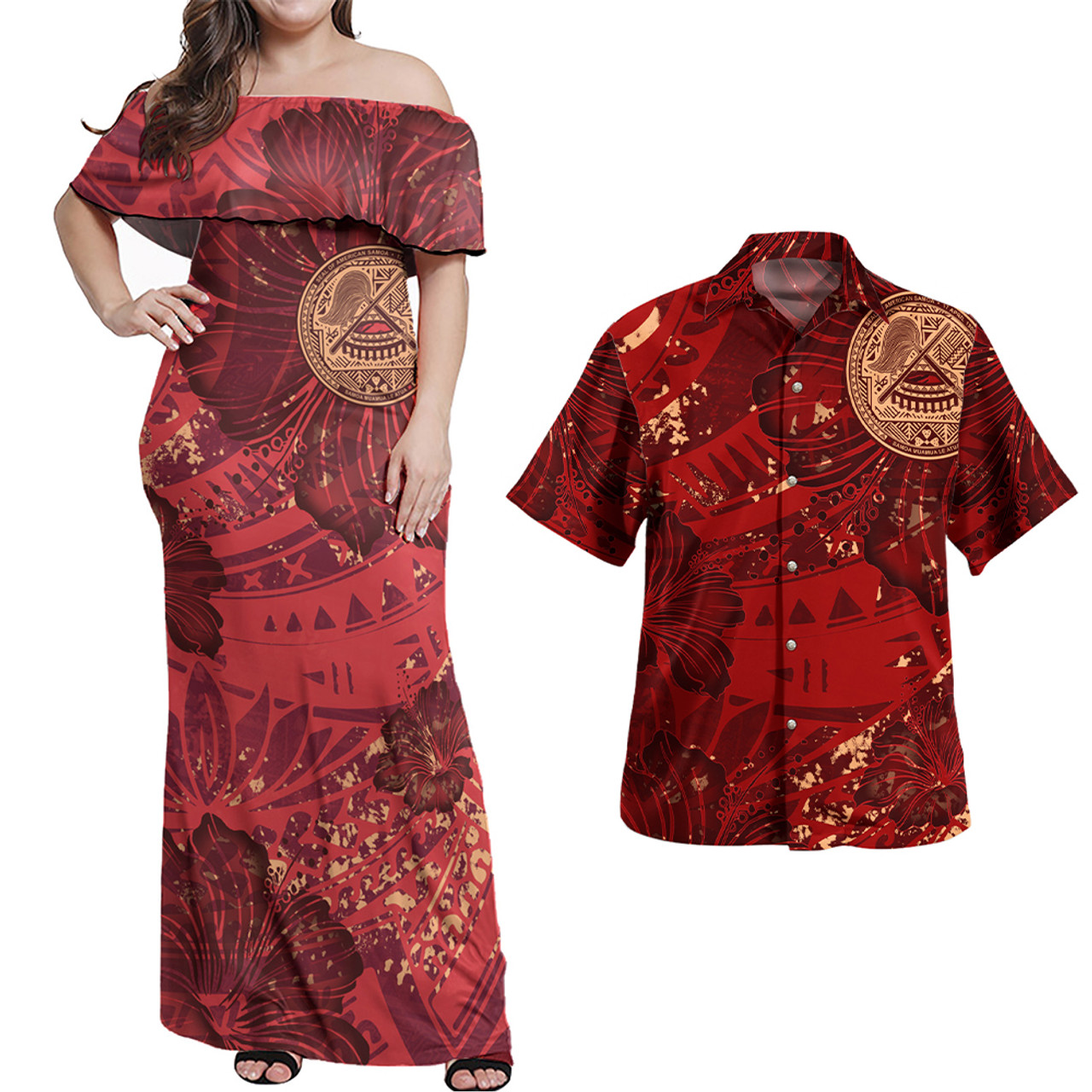 American Samoa Combo Off Shoulder Long Dress And Shirt Hibiscus With Polynesian Pattern Red Version