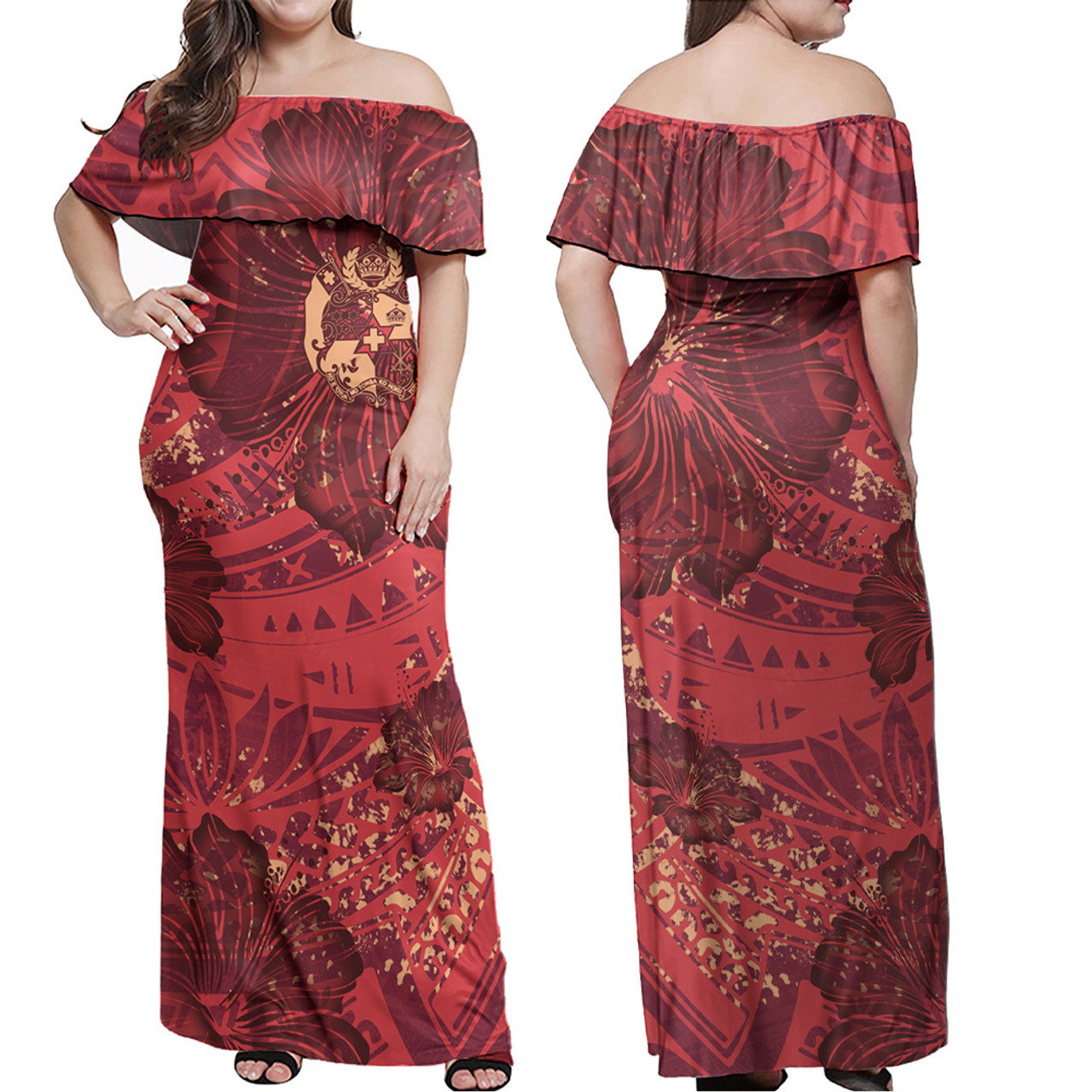 Tonga Combo Off Shoulder Long Dress And Shirt Hibiscus With Polynesian Pattern Red Version