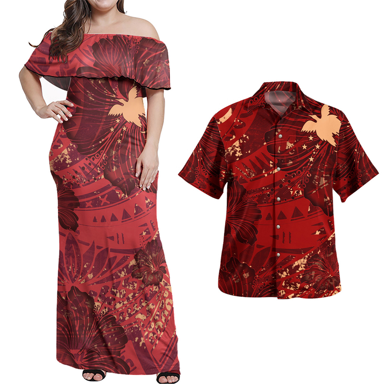 Papua New Guinea Combo Off Shoulder Long Dress And Shirt Hibiscus With Polynesian Pattern Red Version