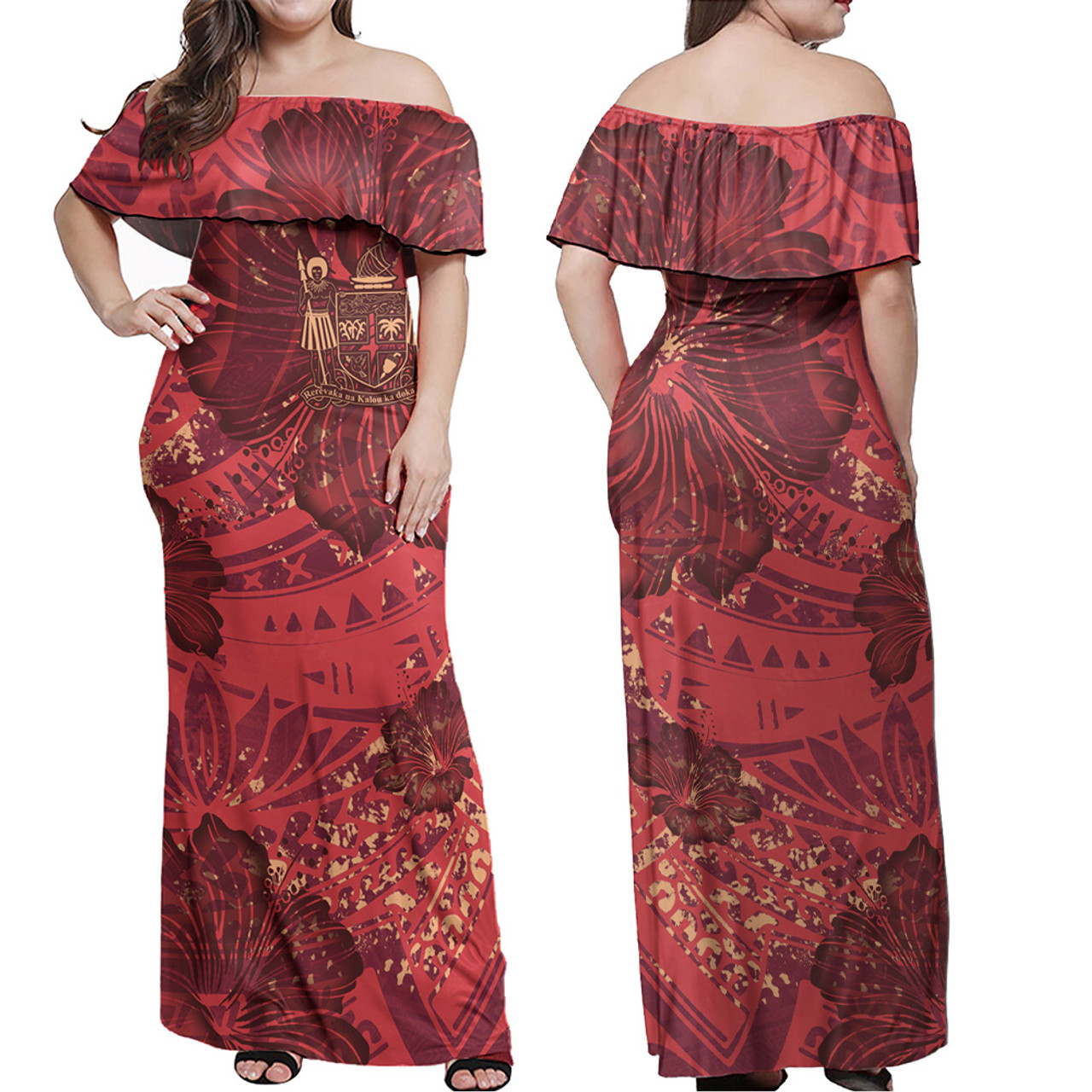 Fiji Combo Off Shoulder Long Dress And Shirt Hibiscus With Polynesian Pattern Red Version