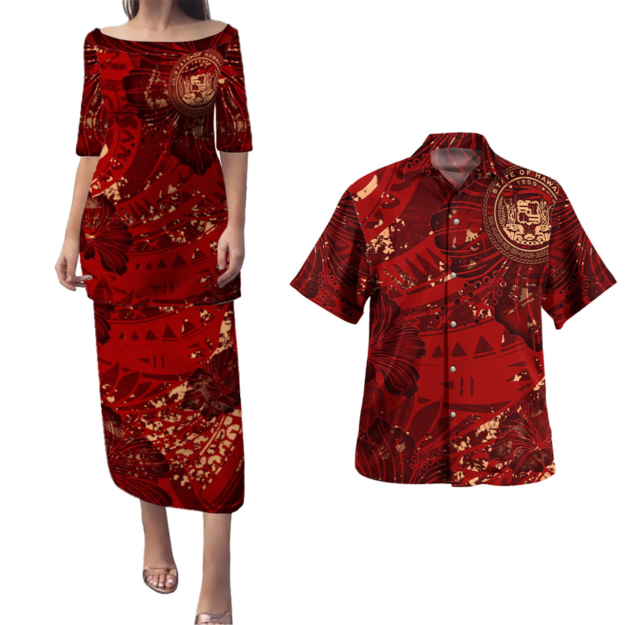 Hawaii Combo Puletasi And Shirt Hibiscus With Polynesian Pattern Red Version