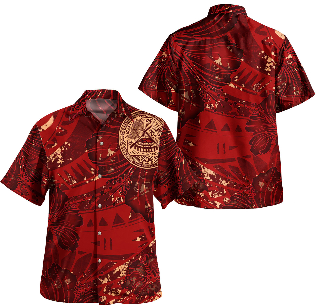 American Samoa Combo Puletasi And Shirt Hibiscus With Polynesian Pattern Red Version