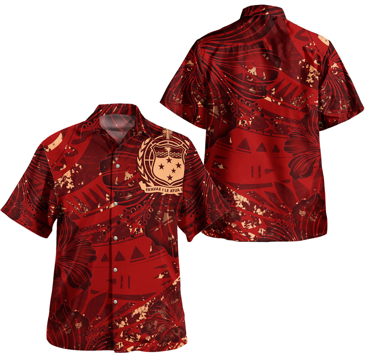 Samoa Combo Puletasi And Shirt Hibiscus With Polynesian Pattern Red Version