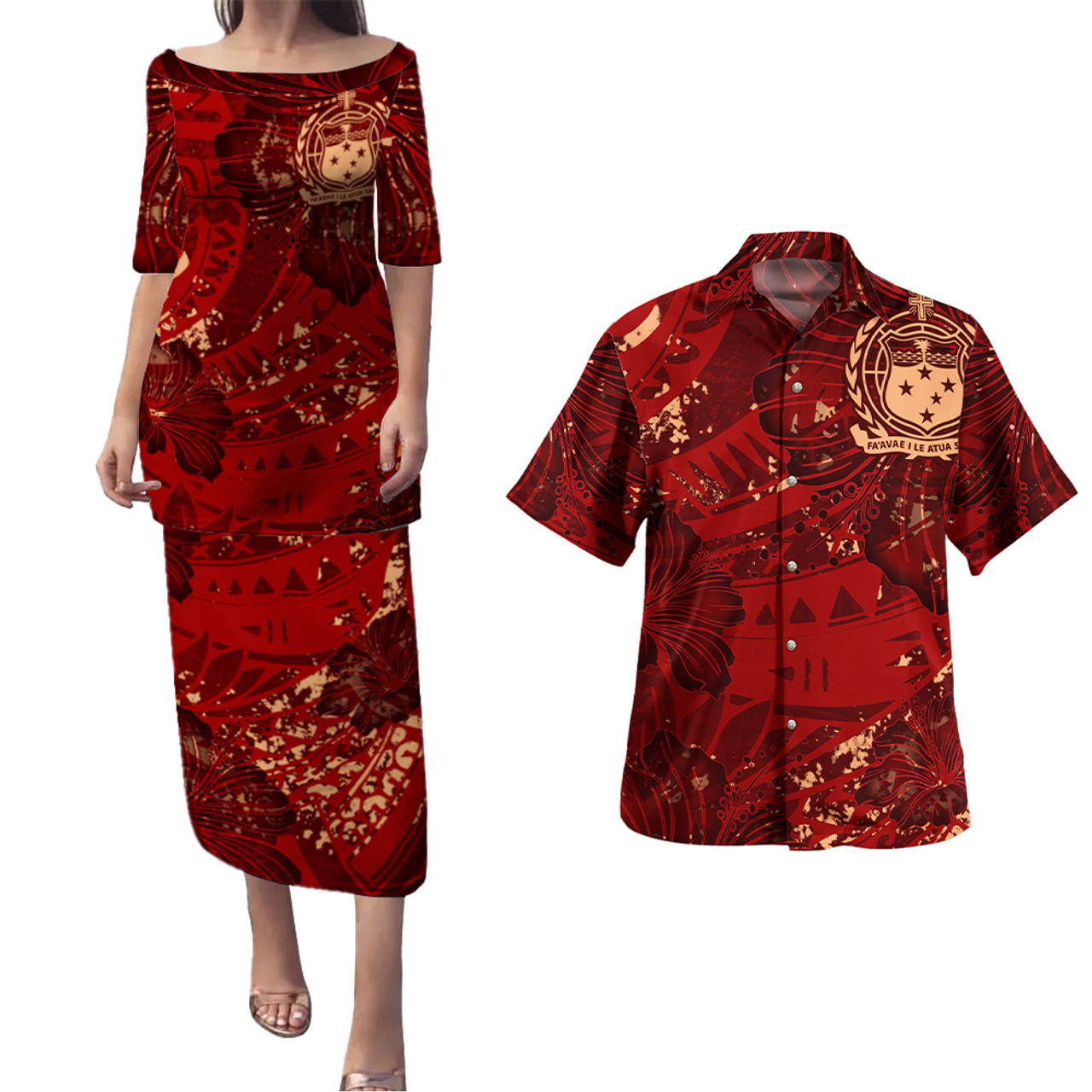 Samoa Combo Puletasi And Shirt Hibiscus With Polynesian Pattern Red Version