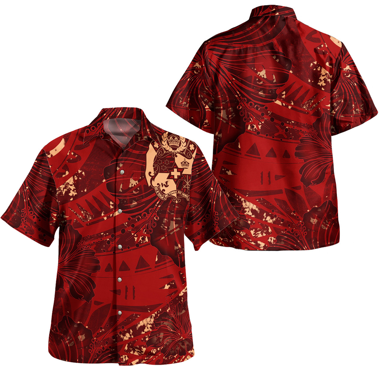 Tonga Combo Puletasi And Shirt Hibiscus With Polynesian Pattern Red Version