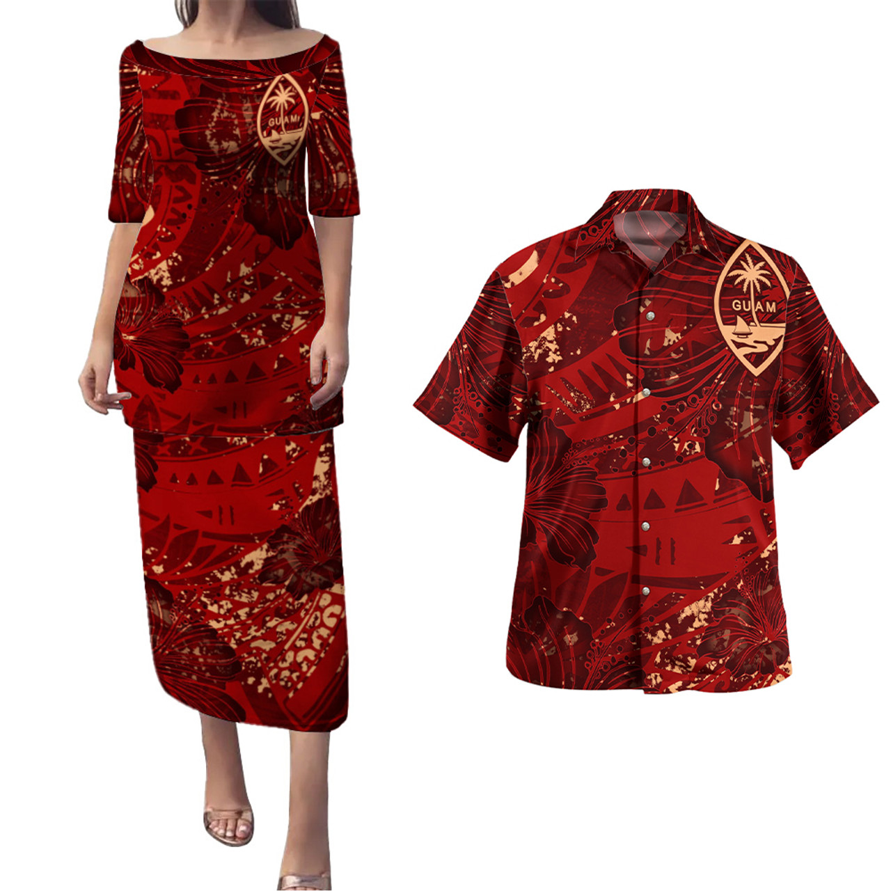 Guam Combo Puletasi And Shirt Hibiscus With Polynesian Pattern Red Version