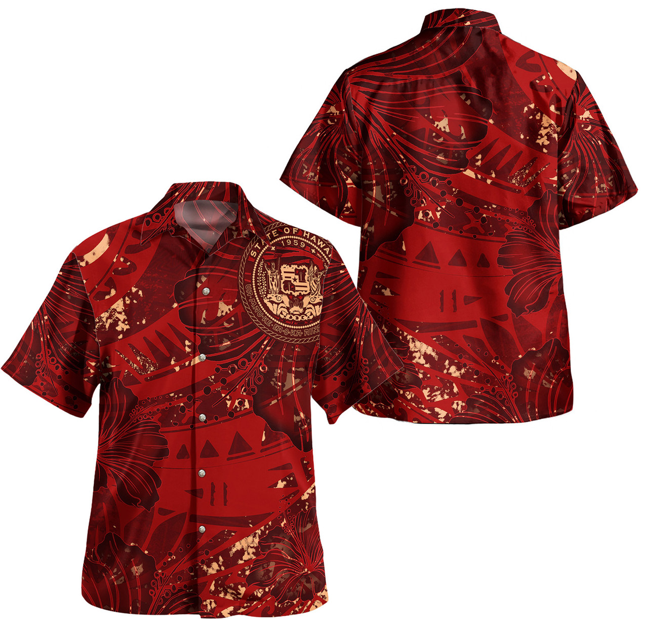 Hawaii Combo Short Sleeve Dress And Shirt Hibiscus With Polynesian Pattern Red Version