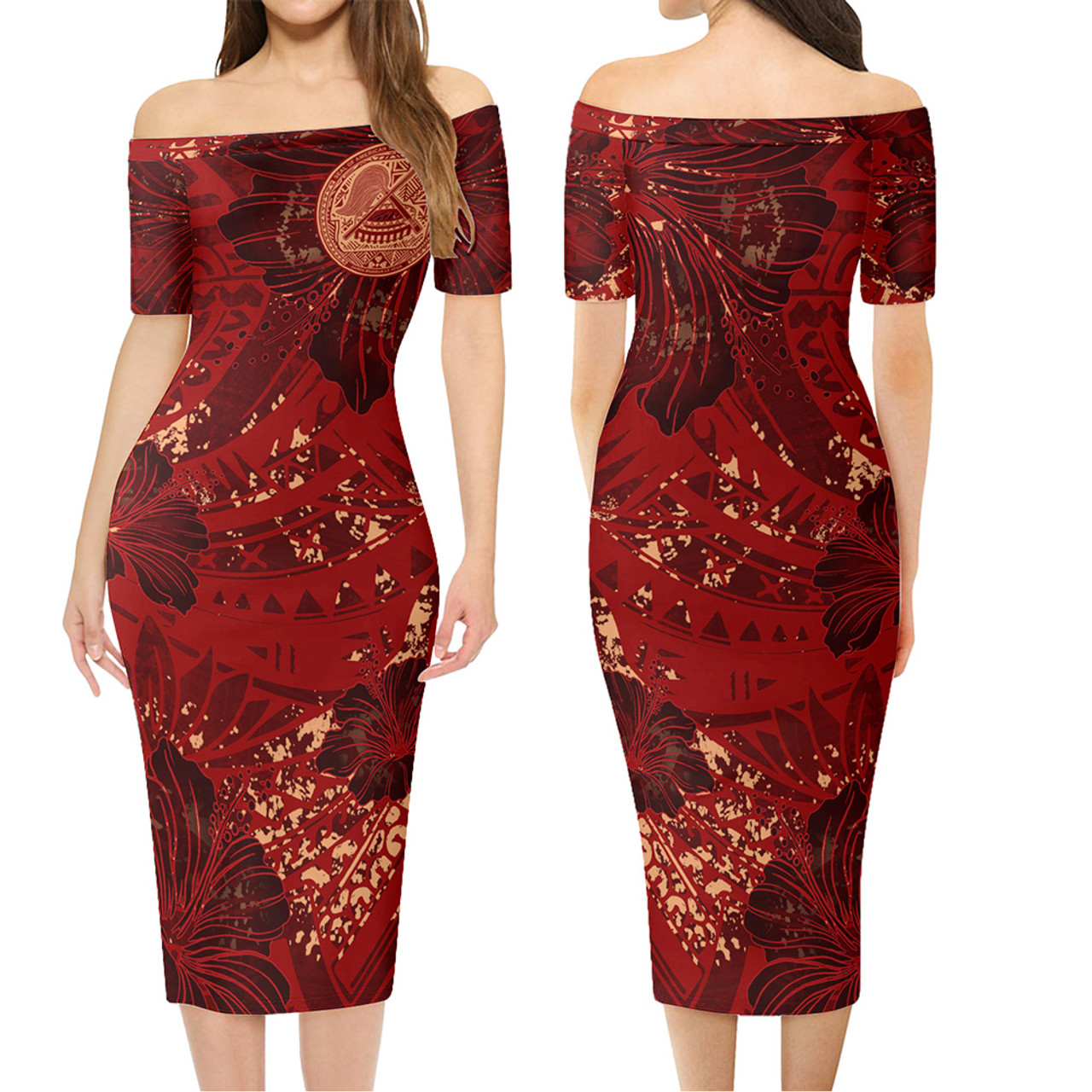 American Samoa Combo Short Sleeve Dress And Shirt Hibiscus With Polynesian Pattern Red Version