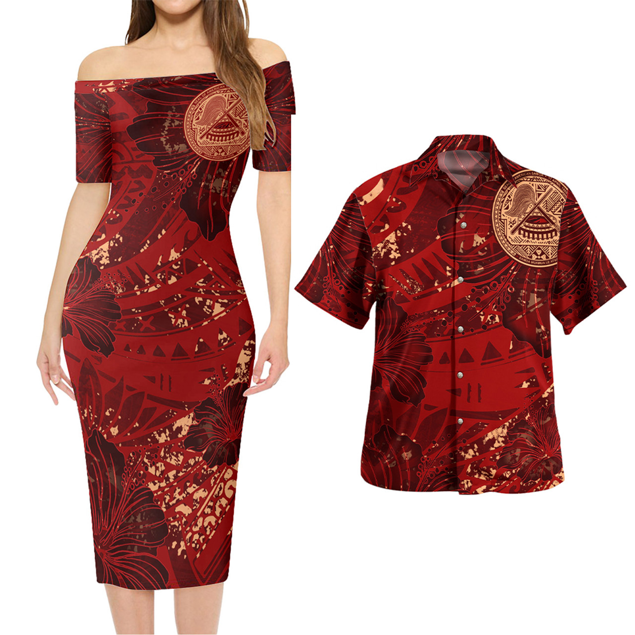 American Samoa Combo Short Sleeve Dress And Shirt Hibiscus With Polynesian Pattern Red Version