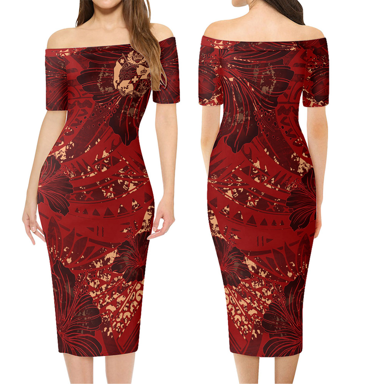 Tonga Combo Short Sleeve Dress And Shirt Hibiscus With Polynesian Pattern Red Version