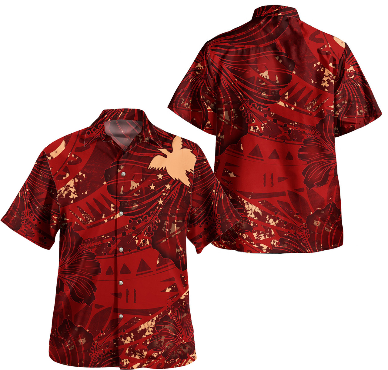 Papua New Guinea Combo Short Sleeve Dress And Shirt Hibiscus With Polynesian Pattern Red Version