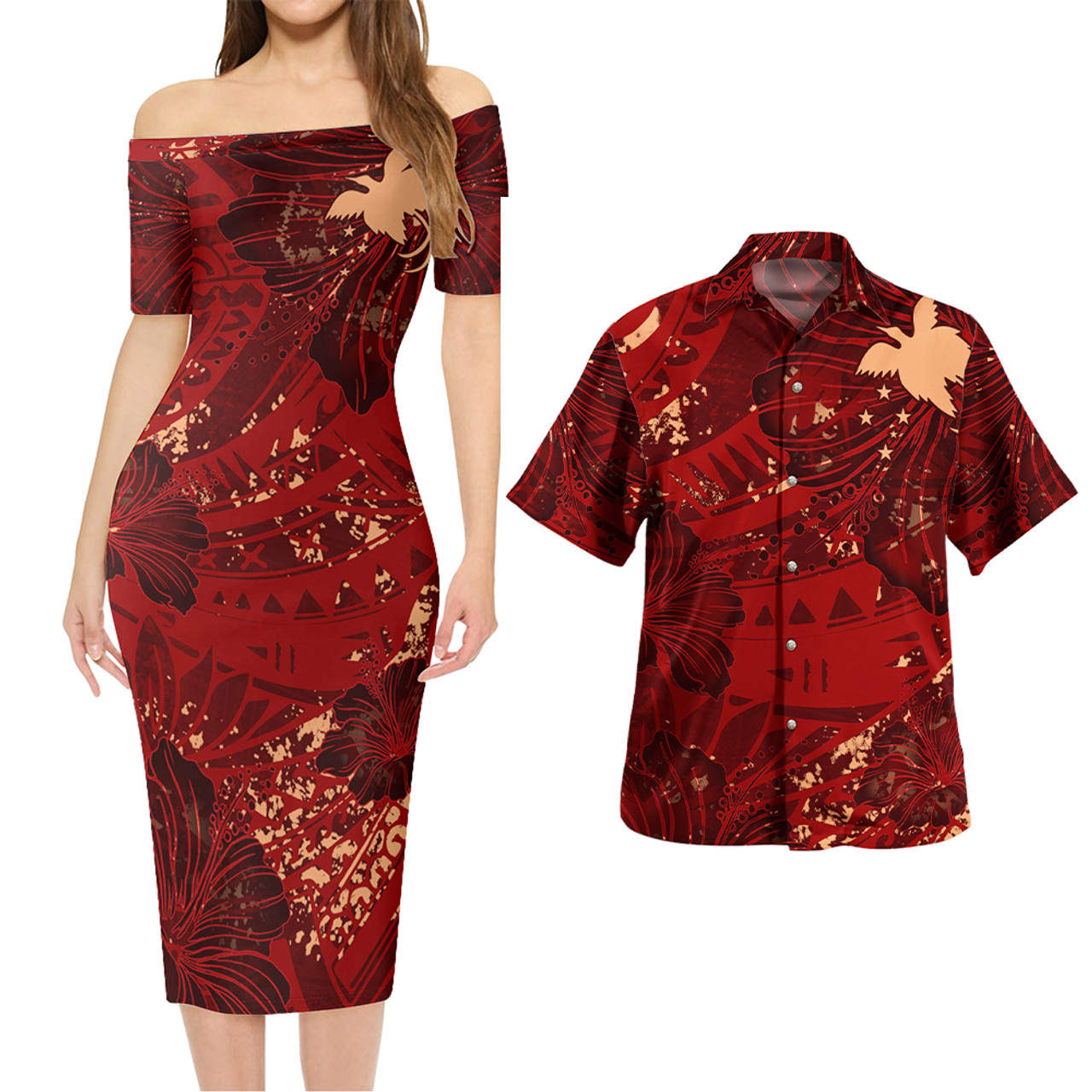 Papua New Guinea Combo Short Sleeve Dress And Shirt Hibiscus With Polynesian Pattern Red Version