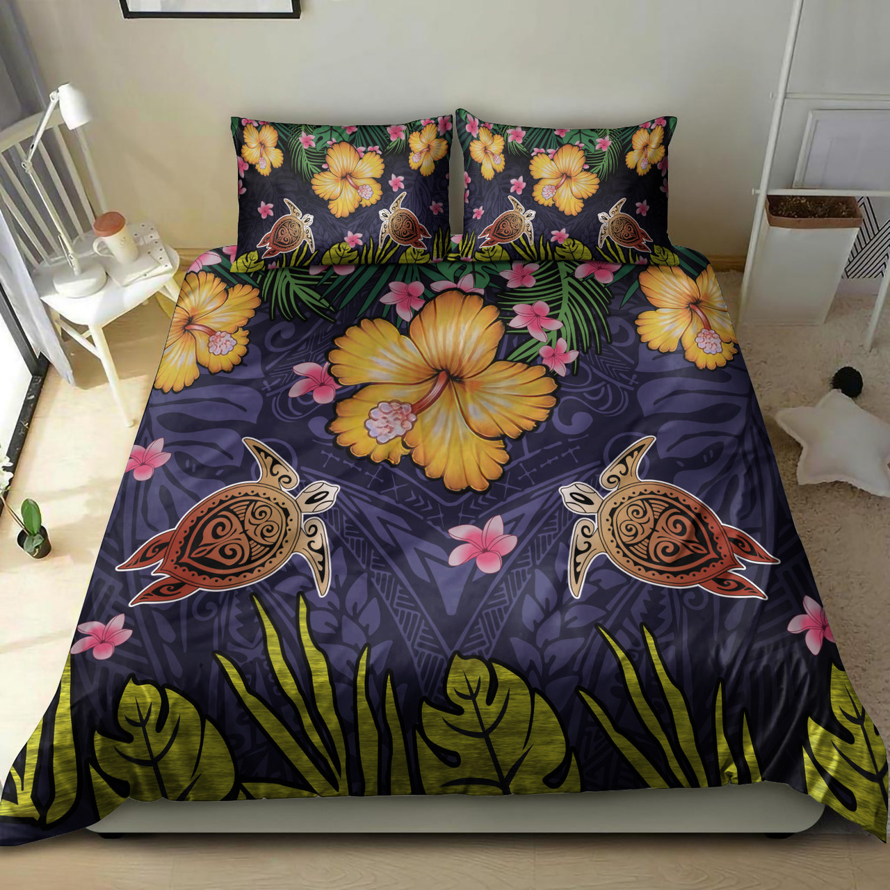 Hawaii Bedding Set Polynesian Patterns Turtle Couple Hibiscus Plumeria Flowers