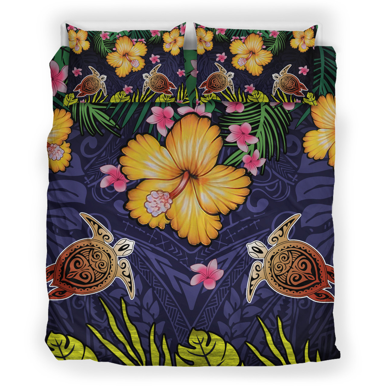 Hawaii Bedding Set Polynesian Patterns Turtle Couple Hibiscus Plumeria Flowers