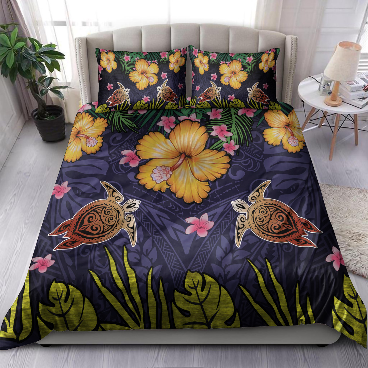 Hawaii Bedding Set Polynesian Patterns Turtle Couple Hibiscus Plumeria Flowers