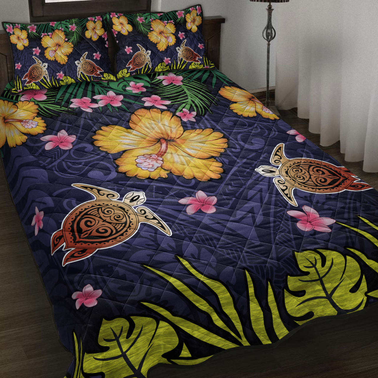 Hawaii Quilt Bed Set Polynesian Patterns Turtle Couple Hibiscus Plumeria Flowers