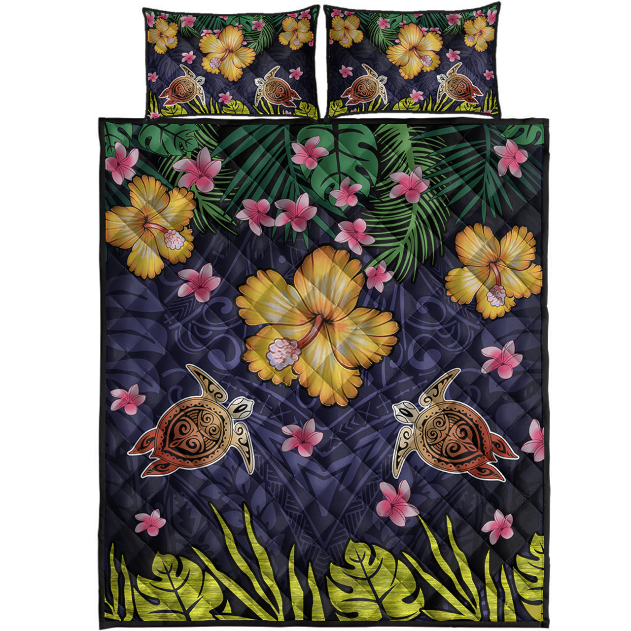 Hawaii Quilt Bed Set Polynesian Patterns Turtle Couple Hibiscus Plumeria Flowers