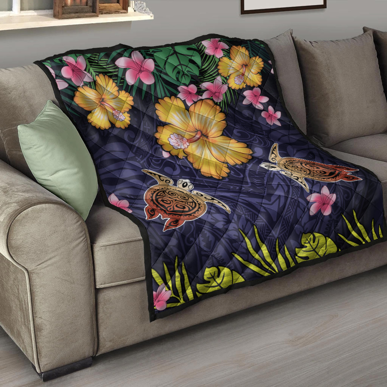 Hawaii Premium Quilt Polynesian Patterns Turtle Couple Hibiscus Plumeria Flowers