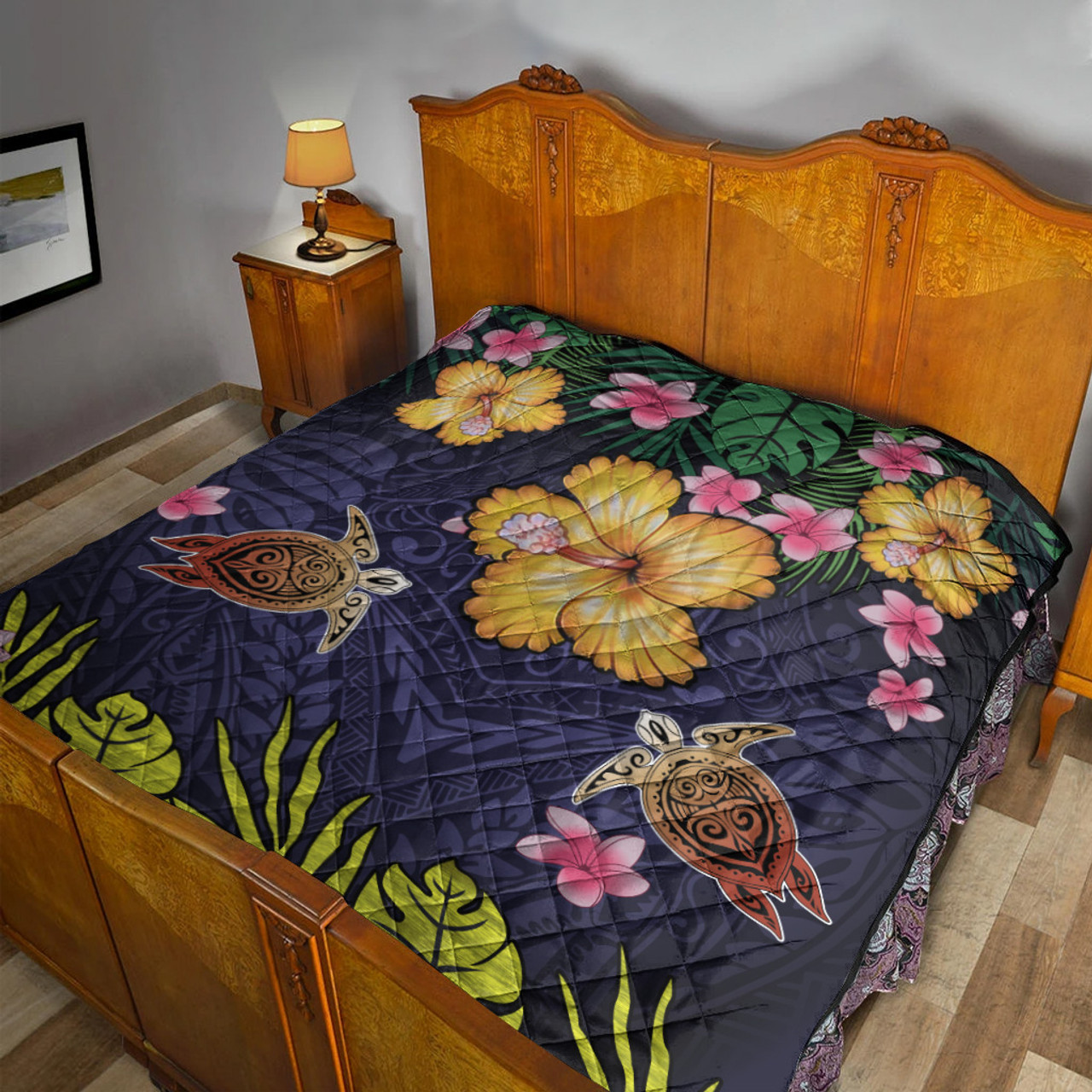 Hawaii Premium Quilt Polynesian Patterns Turtle Couple Hibiscus Plumeria Flowers