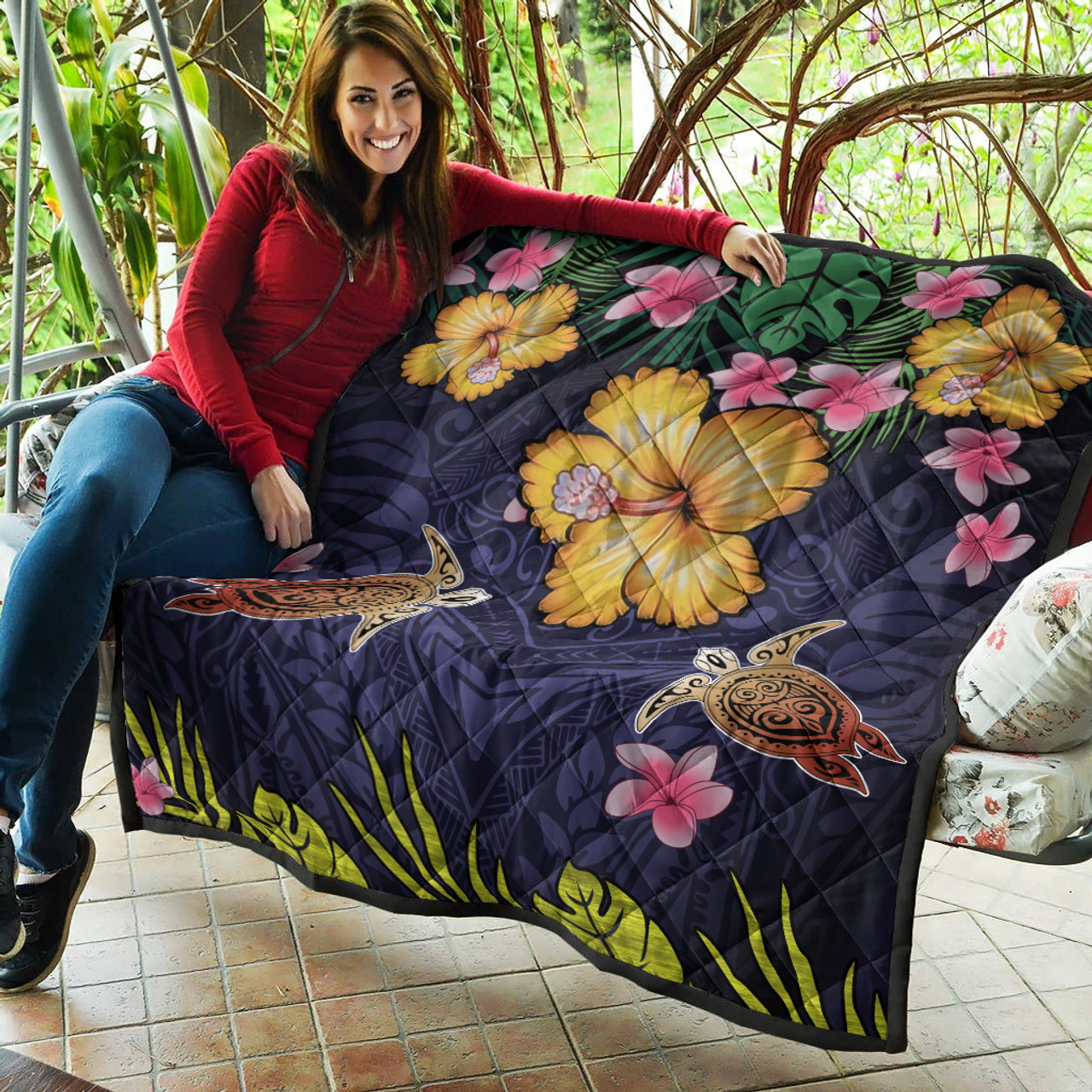 Hawaii Premium Quilt Polynesian Patterns Turtle Couple Hibiscus Plumeria Flowers