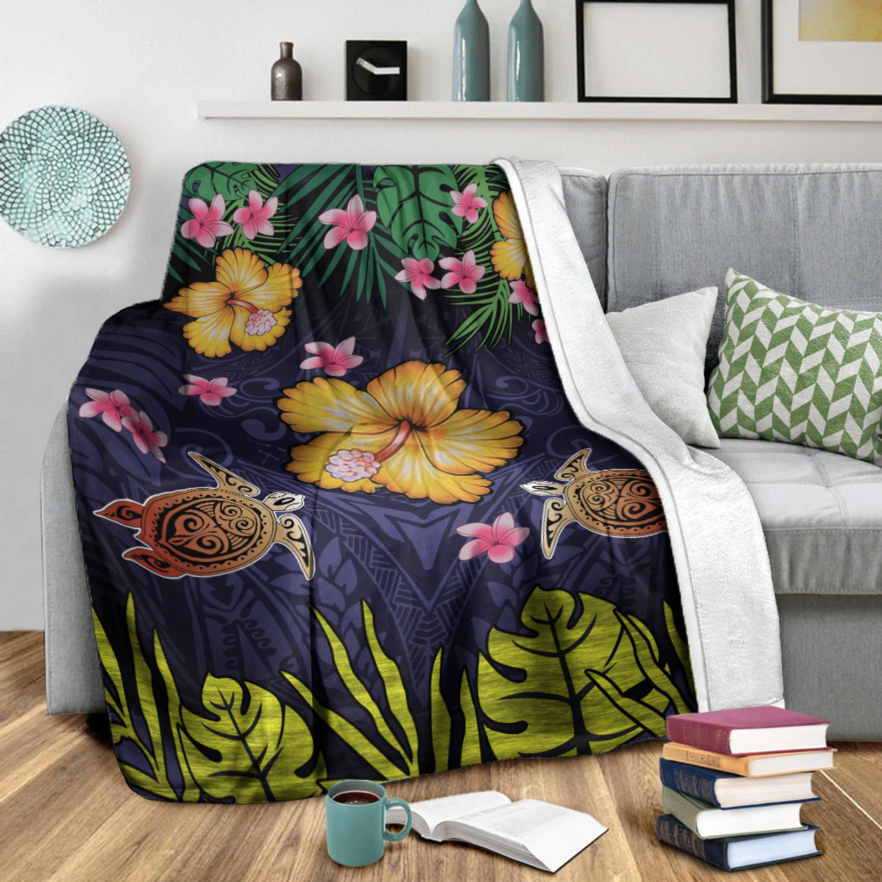 Hawaii Premium Blanket Polynesian Patterns Turtle Couple Hibiscus Plumeria Flowers