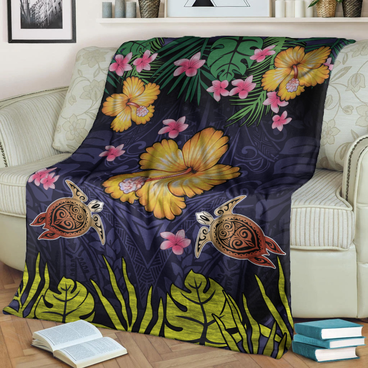 Hawaii Premium Blanket Polynesian Patterns Turtle Couple Hibiscus Plumeria Flowers