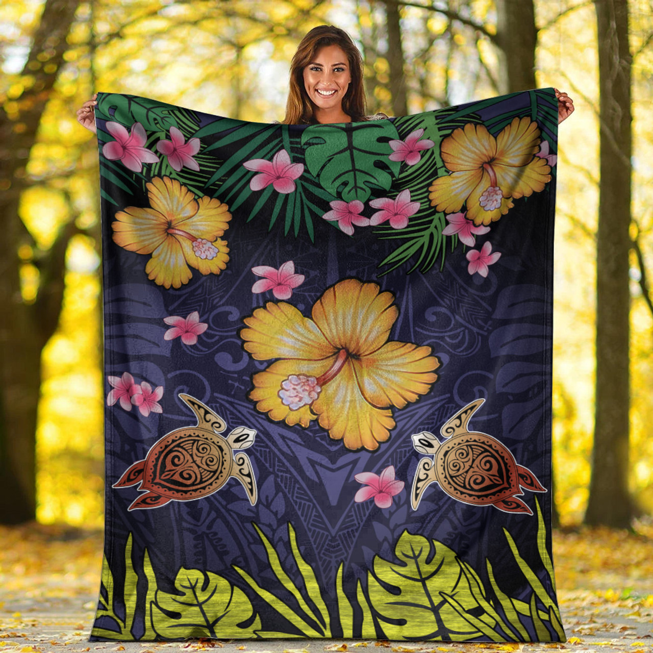 Hawaii Premium Blanket Polynesian Patterns Turtle Couple Hibiscus Plumeria Flowers