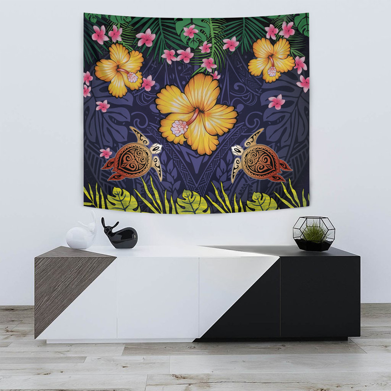 Hawaii Tapestry Polynesian Patterns Turtle Couple Hibiscus Plumeria Flowers